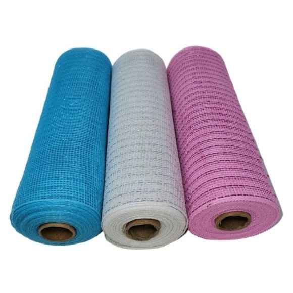Gender Reveal 10" Wide Poly Mesh Ribbon Rolls, 10 Yards (Pink, Blue and White) - Picture 3 of 5